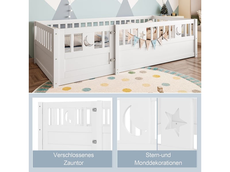  Lit une personne 90 x 190 cm, structure bois massif, décor étoiles et lune, barrière de sécurité, style minimaliste, blanc  - Conforama E