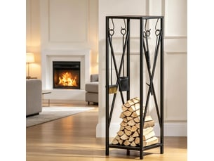 Range-bûches de cheminée en métal noir 34 x 34 x 111 cm, avec 4 outils, support compact et fonctionnel