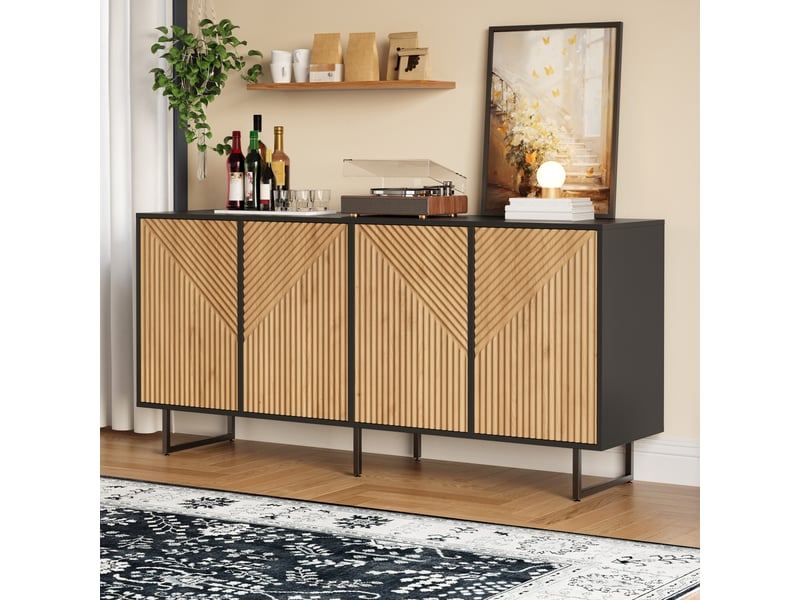  Buffet de salon moderne - dimensions 160x40x75 cm - 4 portes avec design rayé - 8 compartiments de rangement naturel - Conforama A