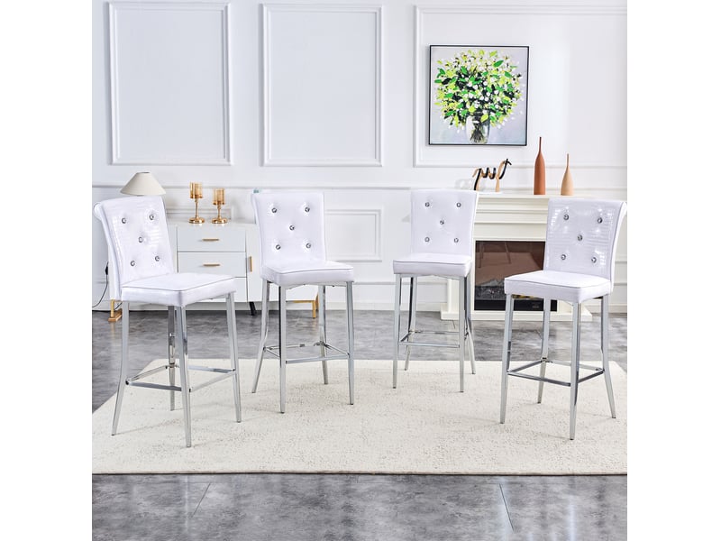  Tabouret de bar lot de 2 avec dossier capitonné, repose-pieds intégré et structure chromée, en pvc blanc  - Conforama C