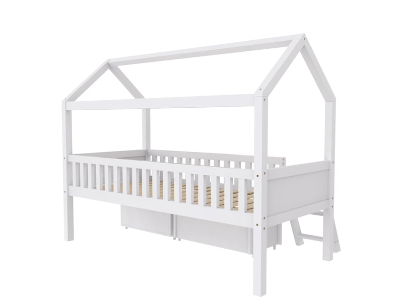  Lit cabane, lit enfant, lit ado 200x90 avec tiroirs et rangements, convient aux filles et aux garçons, avec barrière anti-chute, blanc  - Conforama E