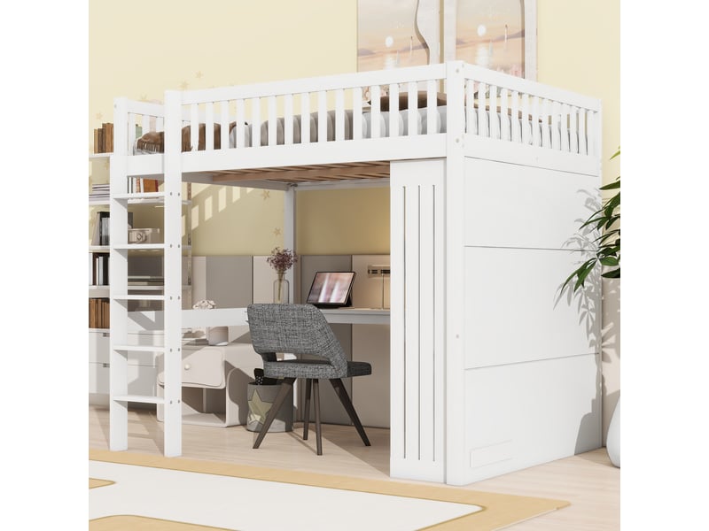 Lit mezzanine 140 x 200 cm avec bureau, armoire et 3 tiroirs intégrés, lit double en pin blanc avec rangements ouverts, escalier et garde-corps - Conforama C