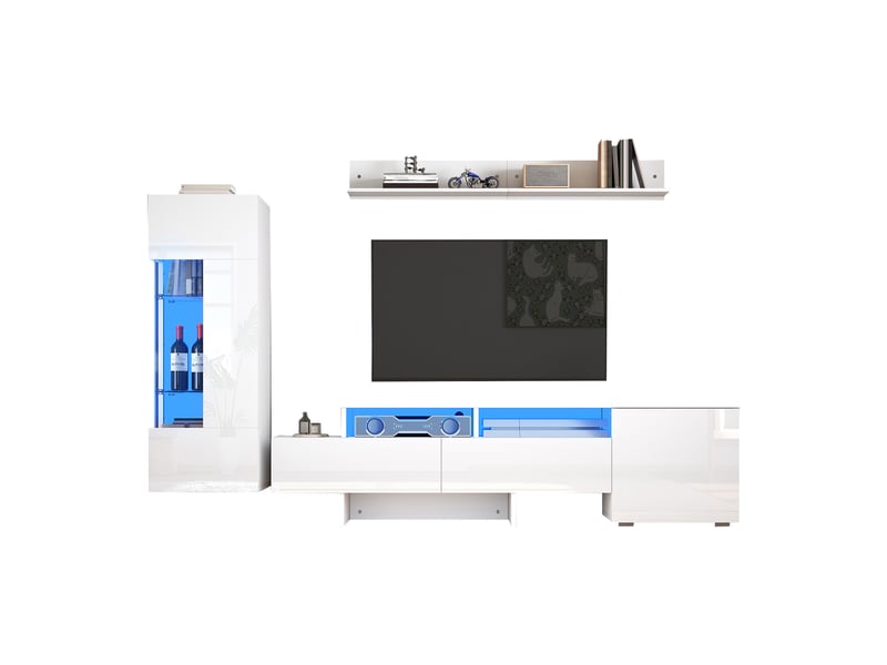  Ensemble meuble tv mural - ensemble 3 pièces - blanc brillant - led - 170x35x45 cm  - Conforama A