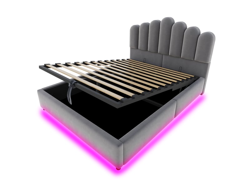 Lit double velours gris 140x200 cm avec rangement hydraulique, led et tête de lit rembourrée - Conforama E