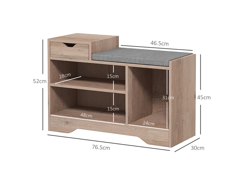  Banc à chaussures moderne avec 3 étagères ouvertes et tiroirs, en bois, polyester et mousse, 76,5 x 30 x 52 cm, gris  - Conforama E