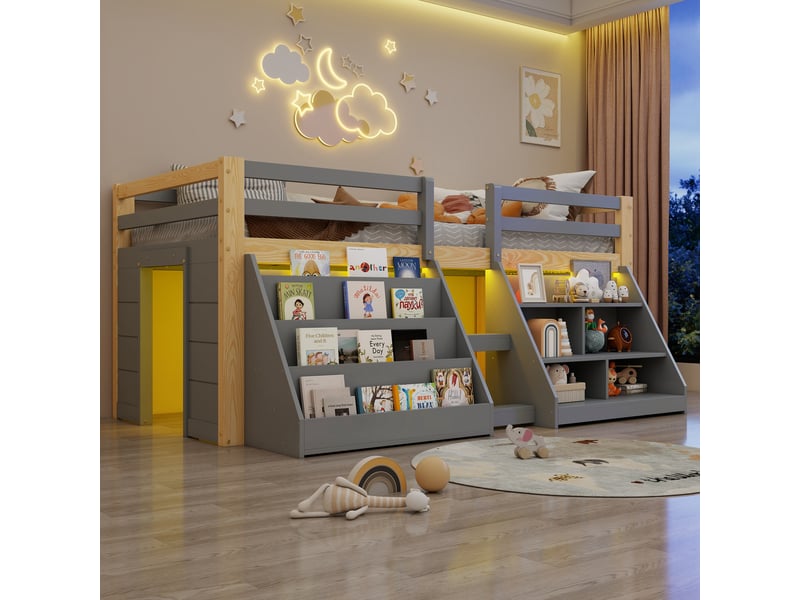  Lit surélevé 90 x 200 cm avec led via application et rangements ouverts, lit simple en pin gris et naturel avec garde-corps et échelle intégrée  - Conforama B