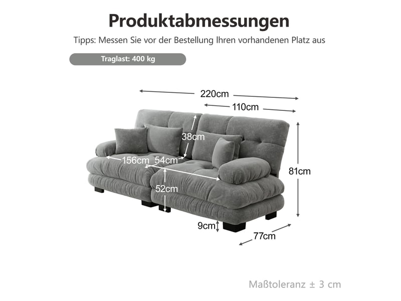 Canapé d'angle 2 places en chenille gris avec 2 coussins lombaires et 2 coussins décoratifs - Conforama E