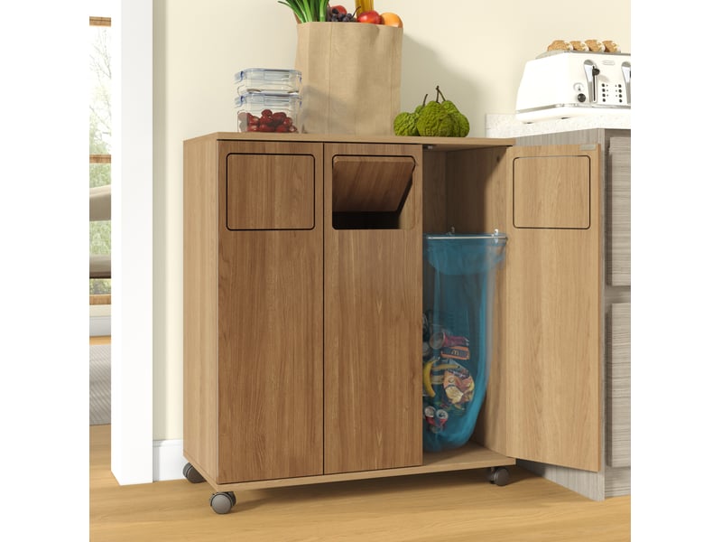 Meuble de tri des déchets 69,3x35x80 cm à roulettes en mdf avec 3 portes couleur naturel, confort optimal - Conforama E