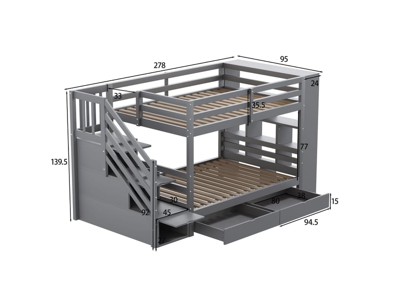  Lit superposé 90x200 cm avec escalier de sécurité, rangements, bois, gris, sans matelas  - Conforama C