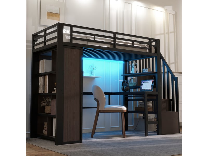  Lit mezzanine 90 x 200 cm sans matelas, structure métal, bureau, led, usb, escalier avec rangement, noir  - Conforama D