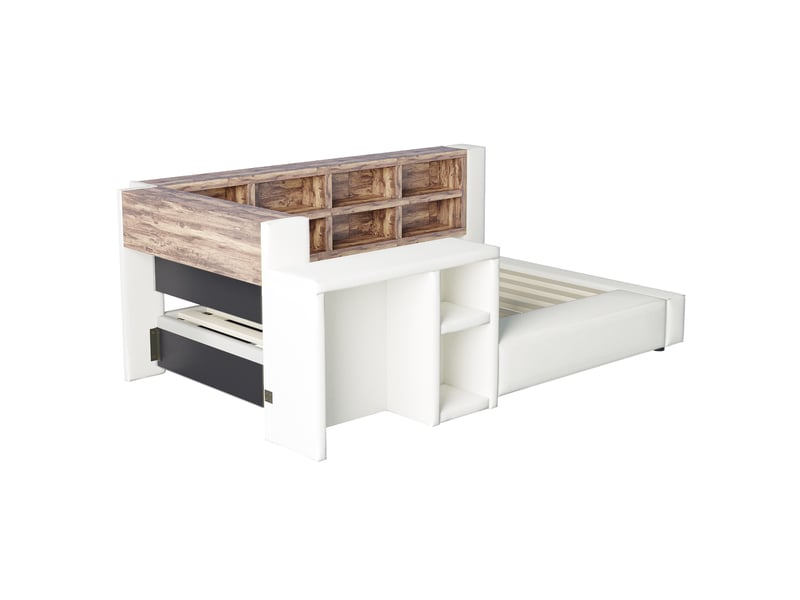  Lit simple 90x200 cm, lit enfant, table de chevet, led, tête de lit avec rangement, beige  - Conforama B