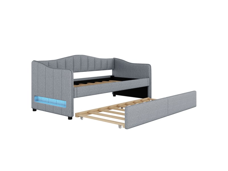 Lit banquette gris 90x200 cm extensible en tissu effet lin avec led d’ambiance - Conforama E