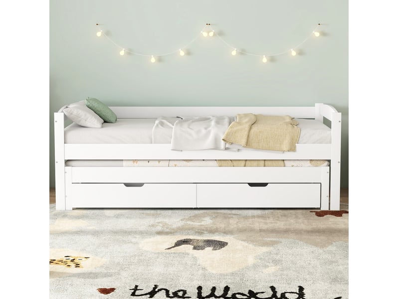  Lit gigogne 200x90 cm avec 2 tiroirs en pin et mdf blanc  - Conforama B