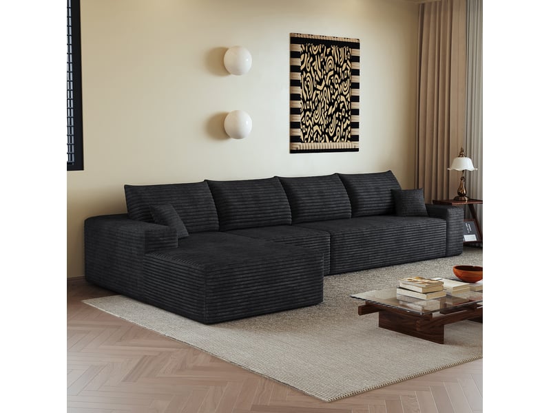  Canapé d'angle modulable compressé 4 places avec chaise longue, en velours côtelé noir  - Conforama B