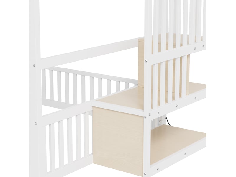  Lit superposé enfant 140x200 cm avec échelle de rangement, led, barrières de sécurité, gain de place, cadre métallique et mdf, blanc Radiant Stride - Conforama E
