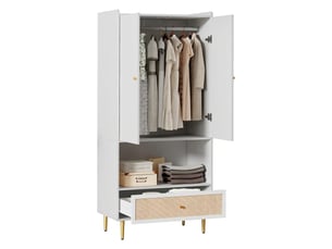 Armoire blanche 2 portes avec grand tiroir en rotin et barre de penderie, 80x48x175 cm, pour chambre et salon