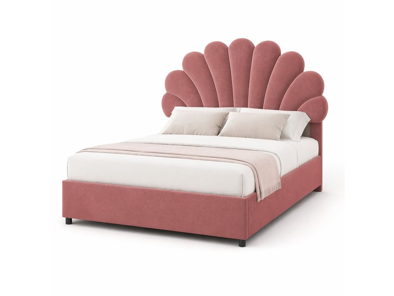  Lit enfant 140x200cm, lit coffre, sommier, lit 2 places avec tête de lit intégrée, velours rose, sans matelas  - Conforama A