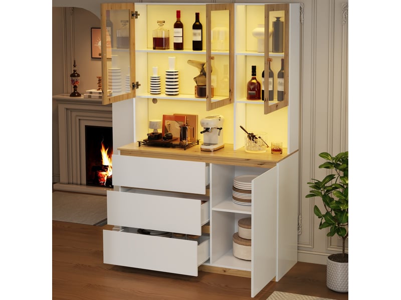  Vitrine haute 120x200x24,5 cm blanc et chêne mdf, led et rangement multifonction pour salon et cuisine  - Conforama B