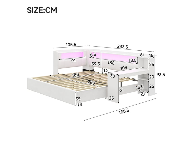  Lit gigogne 90x200 cm blanc avec bureau, étagères, usb et led 7 couleurs, extensible 180x200 cm, sans matelas  - Conforama C