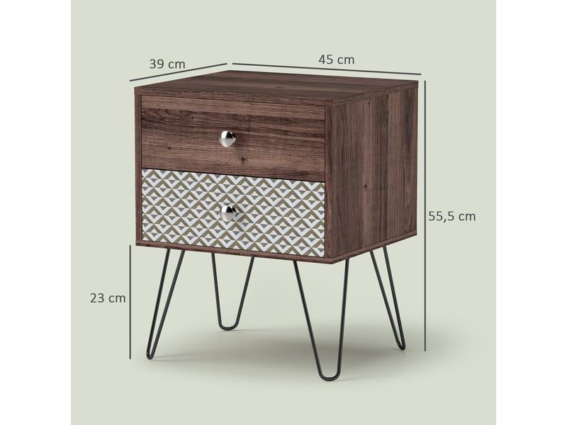  Table de chevet style bohème avec 2 tiroirs, pieds en acier, pour chambre ou salon, 45 x 39 x 55,5 cm, marron  - Conforama E