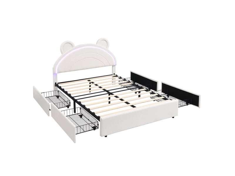 Lit enfant rembourré 140x200 cm beige, tête de lit ours, 4 tiroirs et led app - Conforama E
