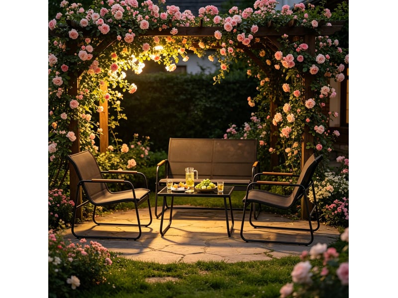 Salon de jardin 4 places 111,5 x 76,5 x 75 cm – noir – table en verre trempé et assises ergonomiques - Conforama B