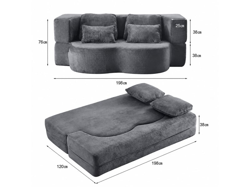 Canapé convertible au sol pliant avec 4 coussins  - matelas en mousse haute densité, velours bleu gris  - Conforama E