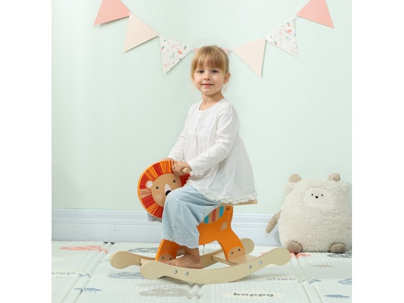 Cheval à bascule enfant motif lion 59x27x44 cm – orange – en bois, base anti-basculement, 25 kg  - Conforama B