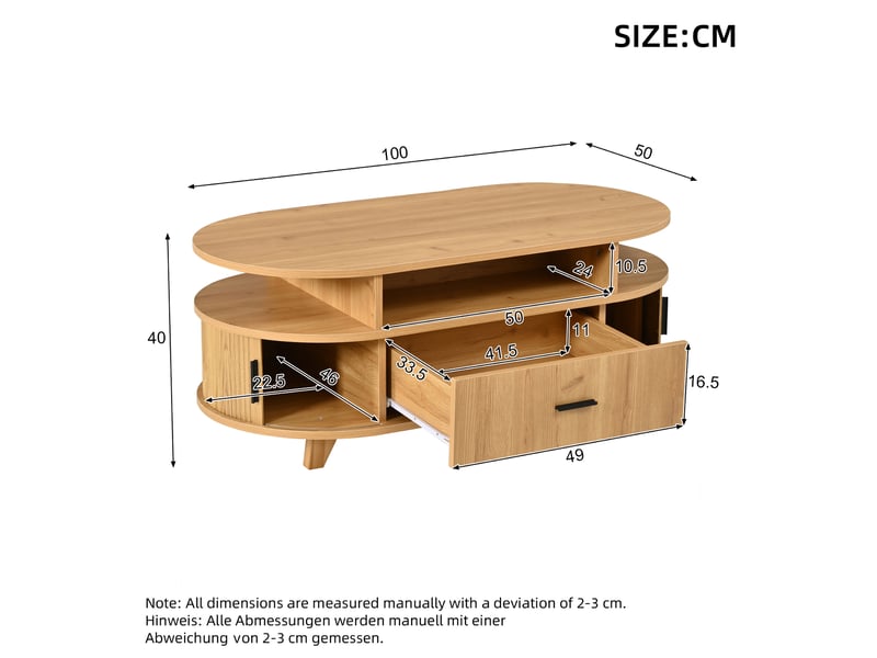 Table basse ovale bois clair avec 1 tiroir - 50x100 cm mdf table basse bois clair - Conforama C