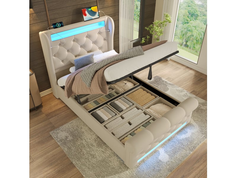  Modenvie lit coffre 90x200 cm - led, ports usb-c et rangement intégré, sans matelas - beige  - Conforama B