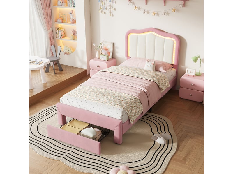  Lit enfant simple 90×200 cm avec tiroir et led pilotée par application - okmyhome- rose, sans matelas  - Conforama B