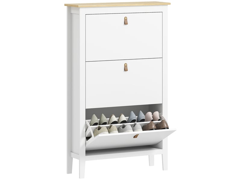  Étagère à chaussures étroite à 3 compartiments avec poignées en similicuir pour couloirs et entrées, 80 x 24 x 131 cm, blanc et bois  - Conforama A