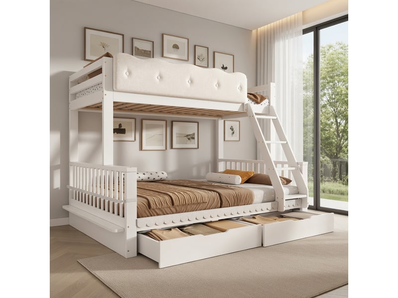 Lit superposé 90 x 200 140 x 200 cm, motif « nuage », avec barrières de sécurité, tiroirs et porte-revues, blanc - Conforama D