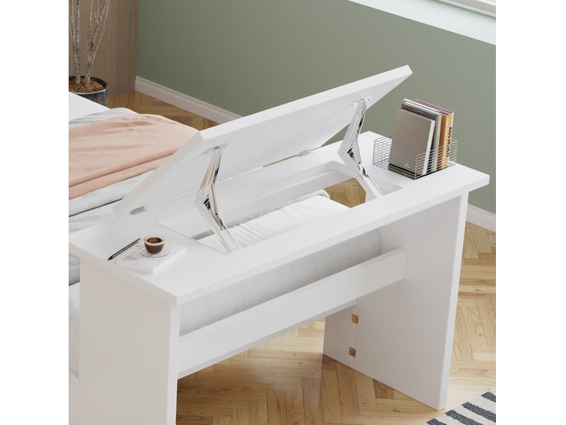  Lit enfant simple 90x200 cm, rangement, table rabattable, tête de lit rangement, structure bois, blanc, sans matelas  - Conforama E
