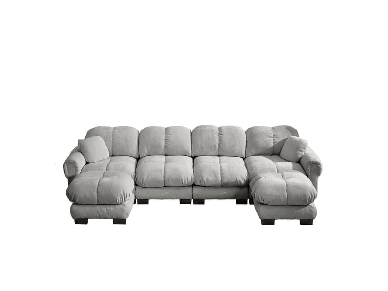  Canapé d’angle u modulable 4 places 330x149x90 cm, design capitonné, 2 poufs déplaçables, revêtement en chenille, gris clair  - Conforama A