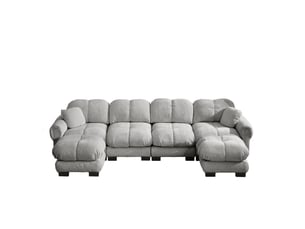 Canapé d’angle u modulable 4 places 330x149x90 cm, design capitonné, 2 poufs déplaçables, revêtement en chenille, gris clair