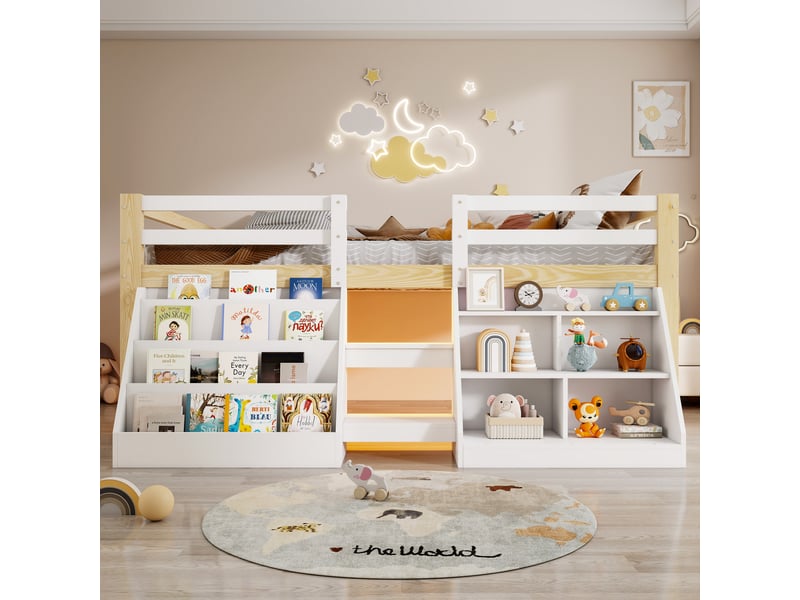  Lit enfant 140 x 200 cm – avec étagères de rangement – ​​avec barrières de sécurité – avec échelle – avec éclairage led – blanc +  naturel  (matelas non inclus)  - Conforama B
