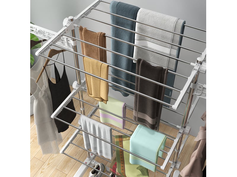  Étendoir à linge pliable 142x55x152 cm 3 niveaux à roulettes acier blanc  - Conforama D