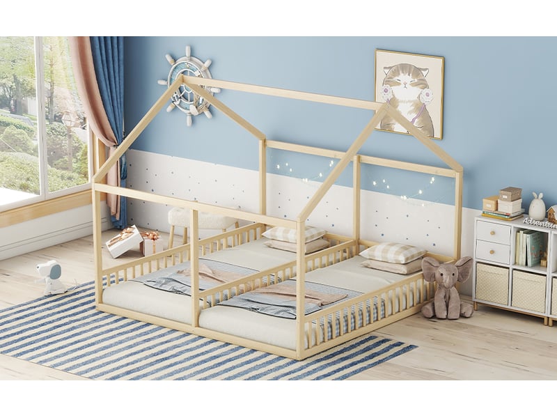  Lit enfant en bois naturel - maison 90x200 cm, 2-en-1, fonctionnel et rangement intégré  - Conforama D