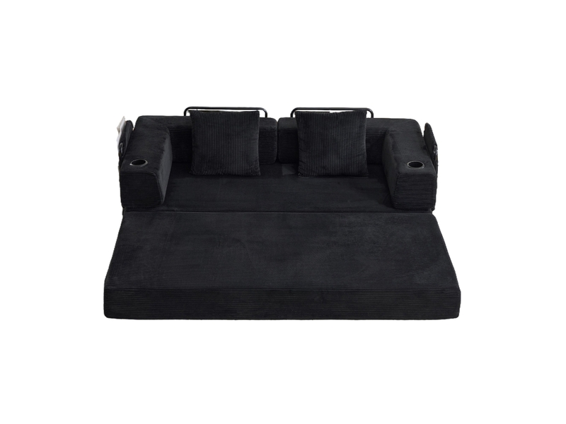 Canapé convertible noir à assise 2 places, convertible en lit, avec dossier en appui-tête, poches latérales et porte-gobelets - Conforama A
