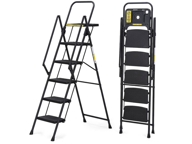 Escabeau 5 marches pliant avec plateau porte-outils amovible, acier, noir - Conforama A