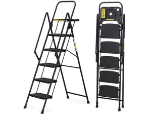 Escabeau 5 marches pliant avec plateau porte-outils amovible, acier, noir
