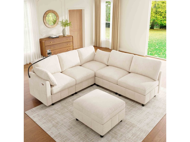 Canapé d'angle modulable 6 places 218x157x85 cm en chenille avec pouf, convertible, usb type-c, support téléphone ul pour salon - beige  - Conforama B