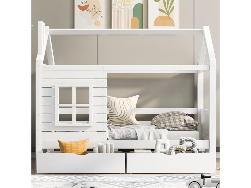  Lit cabane enfant 90x200 bois massif blanc avec tiroirs de rangement et barrière  - Conforama W