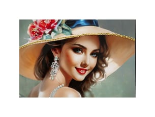 Tableau sur toile elegant a dame avec chapeau et pochette rouge, 52x152 cm