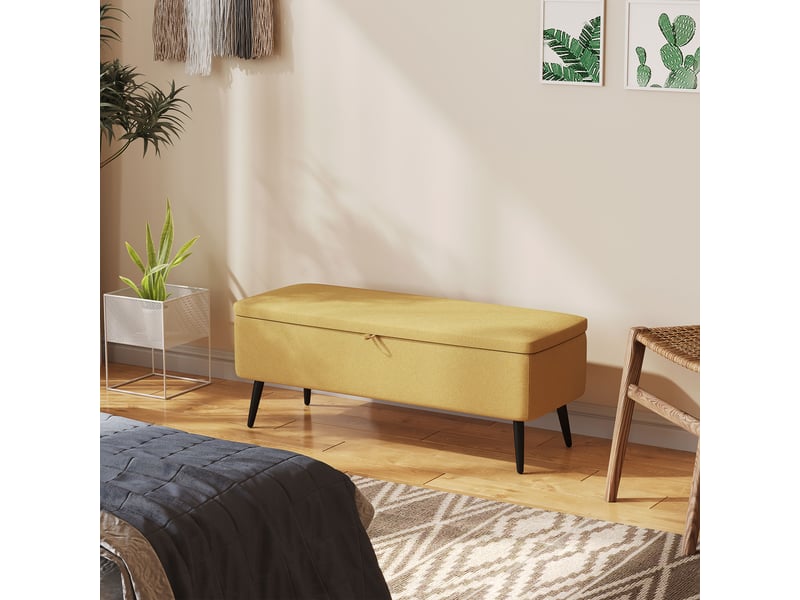  Banc rembourré avec coffre de rangement en tissu aspect lin jaune mesurant 101 cm de large 38,5 cm de profondeur et 44,5 cm de hauteur pour une charge maximale de 150 kg  - Conforama D
