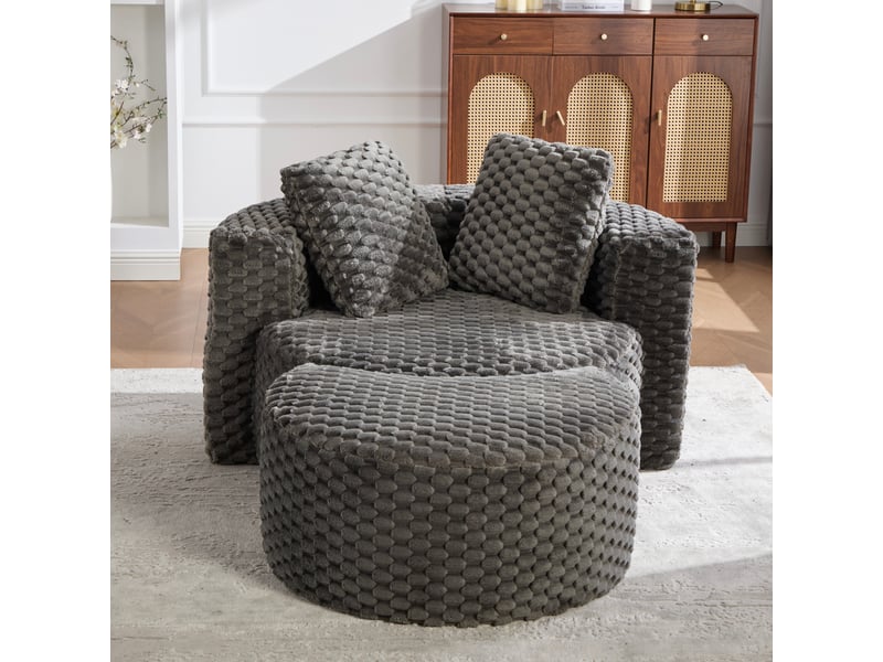 Fauteuil rond avec pouf, assise ergonomique - sans montage, tissu gris foncé 130 × 115 × 103 cm - Conforama B