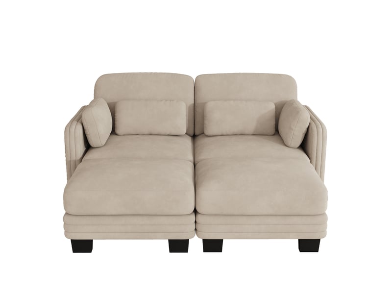 Canapé 2 places en u en tissu chenille marron clair, design modulaire avec deux poufs, assise profonde pour salon - Conforama A