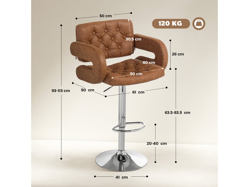  Tabouret de bar avec dossier et accoudoirs, hauteur réglable et repose-pieds, similicuir marron  - Conforama E