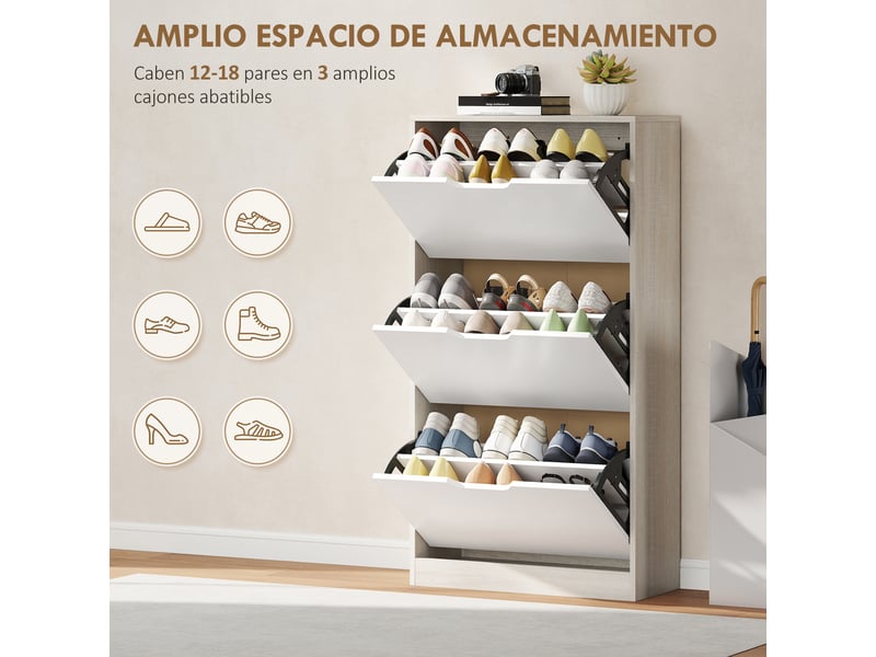  Meuble à chaussures étroit à 3 portes battantes, étagère à chaussures d'entrée pour 18 paires de chaussures, 62,5 x 26 x 117,5 cm, chêne et blanc  - Conforama E
